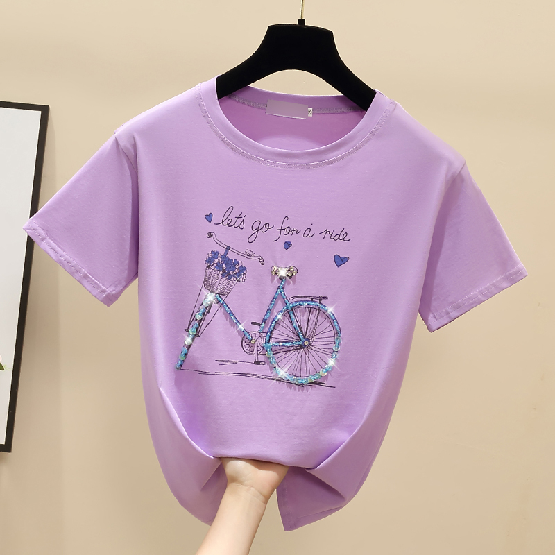 gkfnmt Beading Print Pink T Shirt Summer Short Sleeve Women Top White Tshirt Cotton Korean Style T-shirt Women Clothes 210302