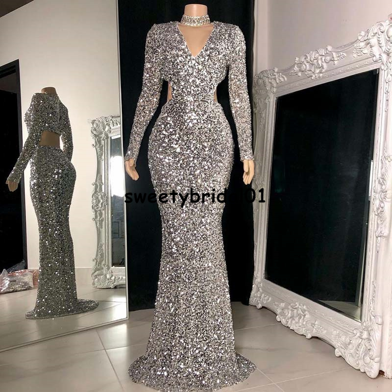 

Silver Sequin Formal Evening Dresses Long Sleeves Mermaid Prom Dress Dubai Arabic Women 2021 Vestidos De Fiesta Pageant Gowns, Water melon