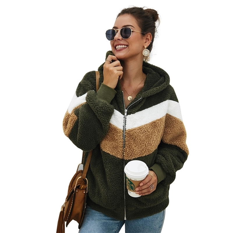Teddy Cozy Faux Fur Hoodies Women Striped Long Sleeve Hooded Zip-up Sweatshirt Casual Thick Warm Autumn Clothes Poleron Mujer 201103