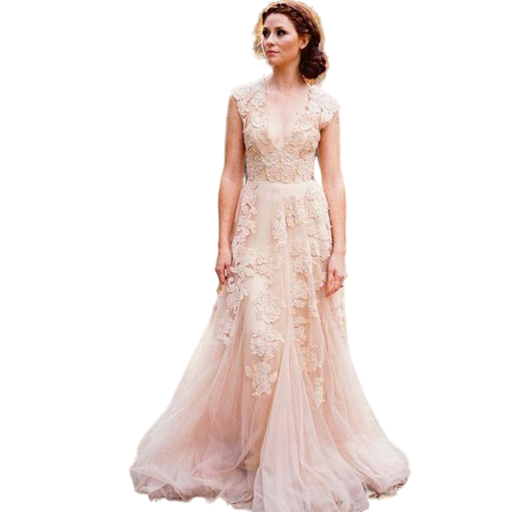Boho Blush Pink Delicate Lace A e Wedding Dress Deep V Neck Romantic Reem Acra Tulle Bridal Gowns Vintage Country Garden Long Bride Reception Dresses
