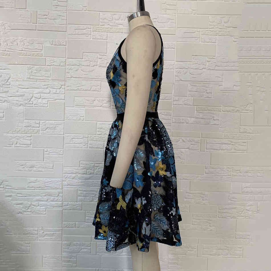 Woman High Quality Celebrity Fashion Blue Sequined Mesh Patchwork Bodycon Aline Bandage Flower Sexy Party Dress Vestidos 210525