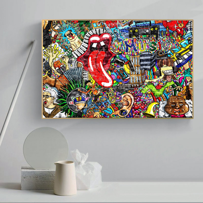 Graffiti Street Art Music Collage Abstract Figure Picture Canvas Painting Wall Art Poster Prints for Living Room Decor No Frame