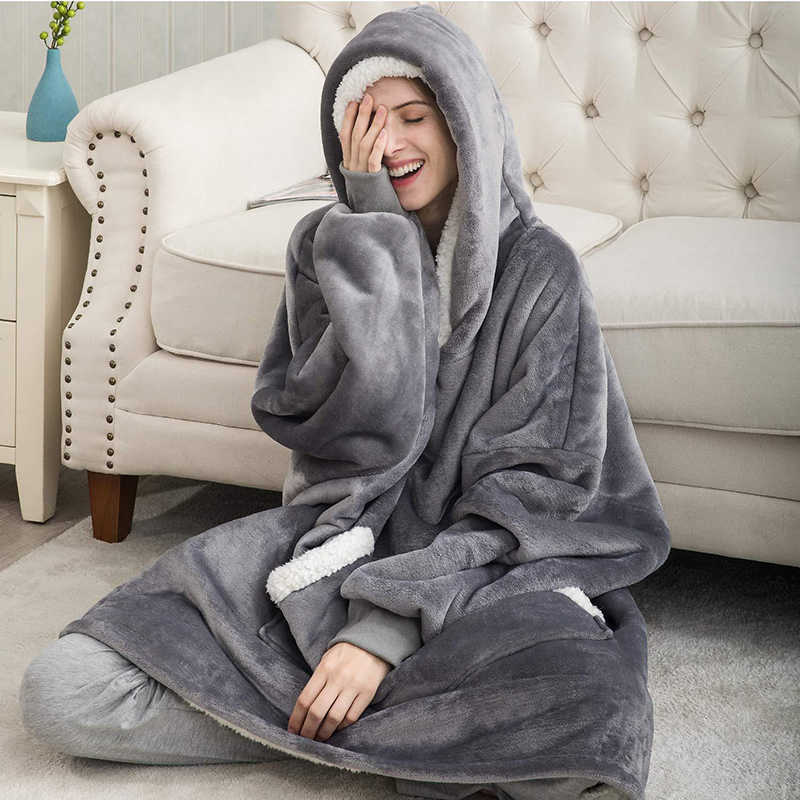 Wearable Blanket Men Women Giant Oversize Hoodie Sweatshirt Sweat Hooded Winter Bathrobe Blanket Sherpa Fleece Outwears X0726