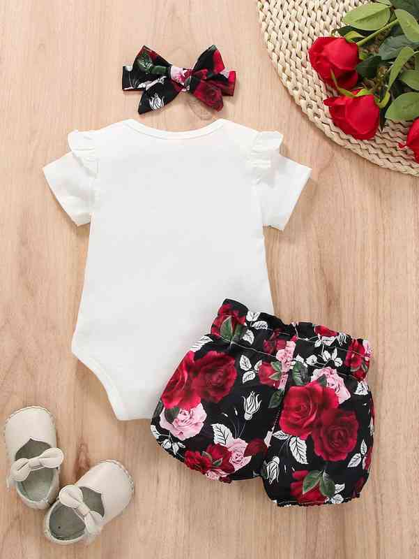 Baby Floral Print Heart Embroidery Bodysuit & Shorts With Headband SHE