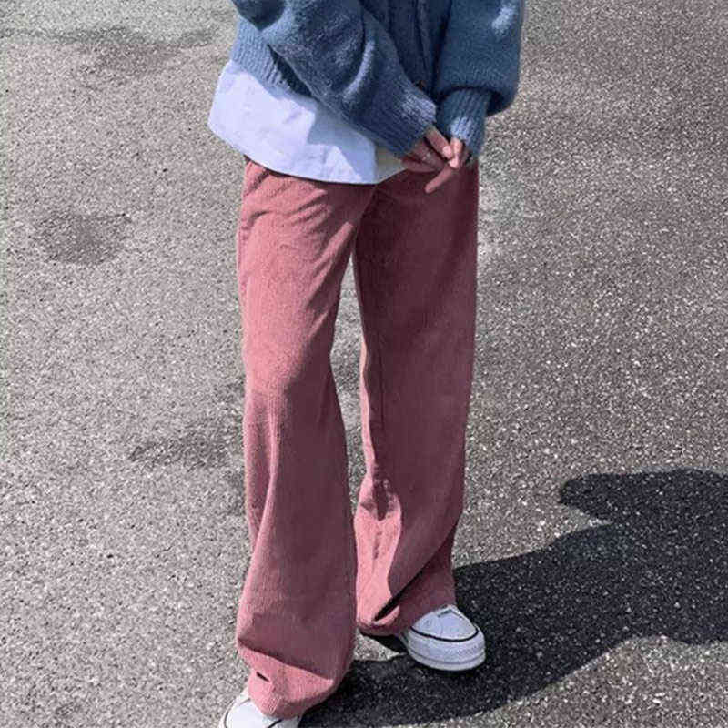 Beige Corduroy Wide Leg Pant Korean Style Soft Girl Pink Spring Plus Size Black Trousers For Female Oversize 211124Z