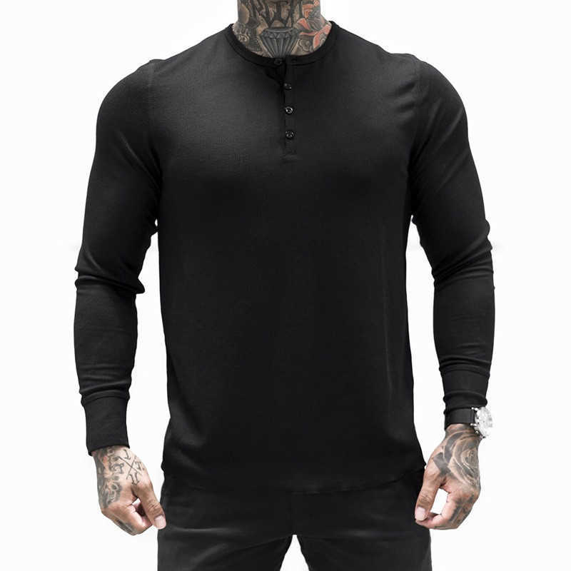 YEMEKE Men's Button collar Long-sleeved o-neck wear cotton slim shirt T-shirt fashion GYMS exercise breathable sportswear 210629