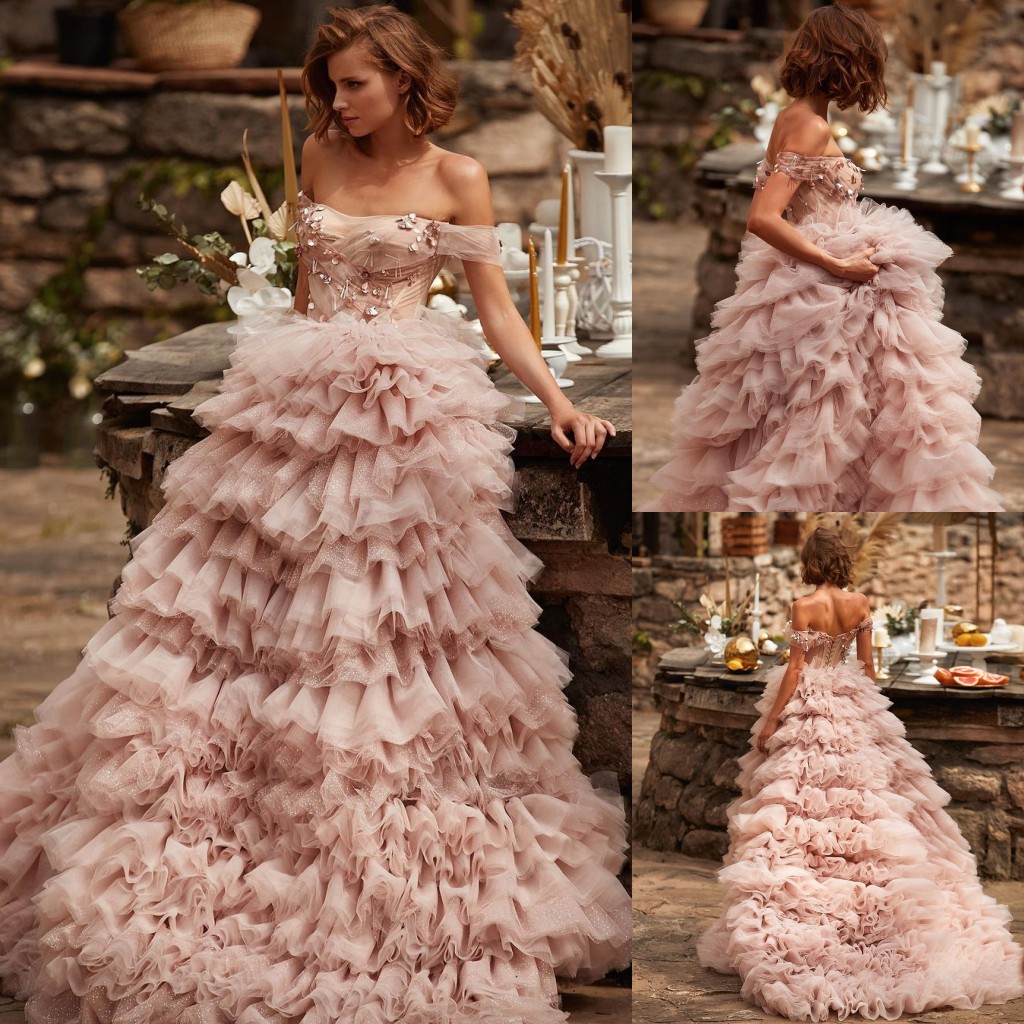 Wedding Blush Beaded Dresses Off The Shoulder Neck A Line Tiered Ruffles Bridal Gowns Sweep Train Tulle Robe De Marie