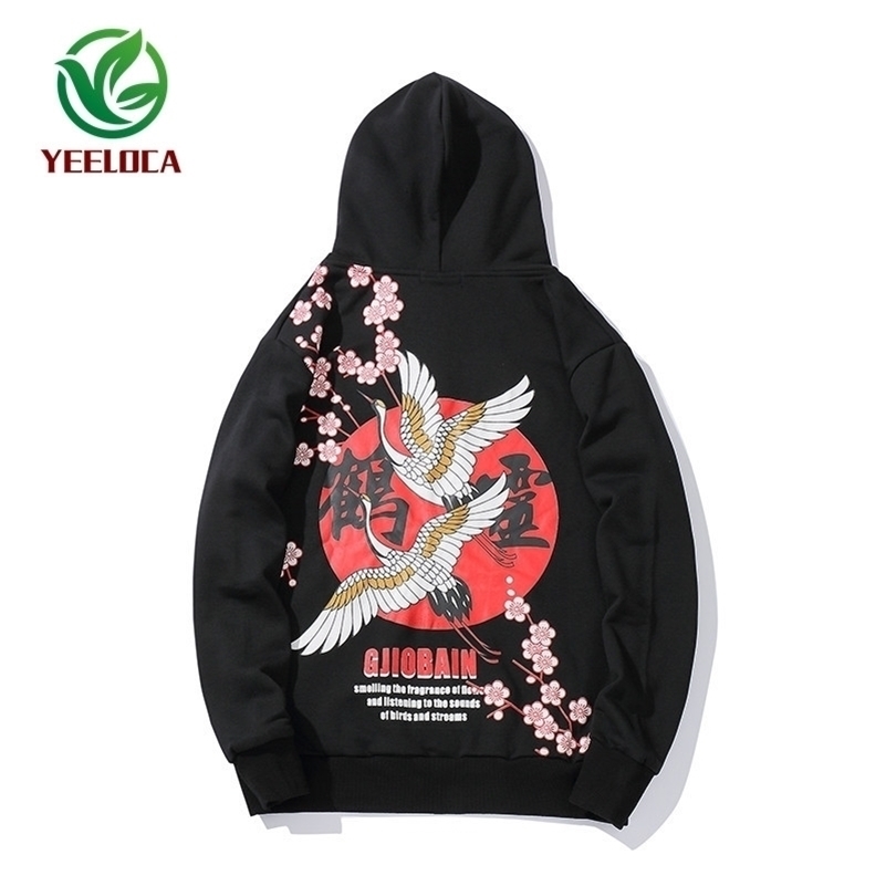 Autumn Winter Dropshipping Chinese Style Crane Crane Cherry Hoodie Oversized Cotton Hip Hop Rock Band Sweatshirt 201020