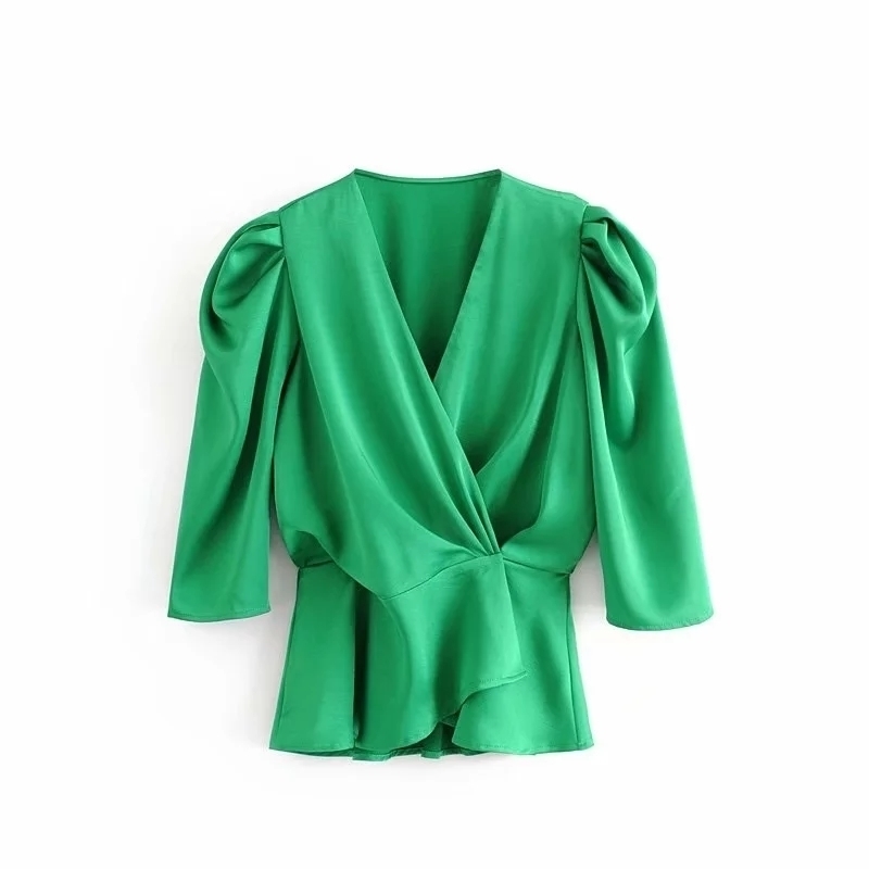 Withered england style solid shine satin vneck blusas mujer de moda kimono short shirt women womens tshirt tops plus size T200110