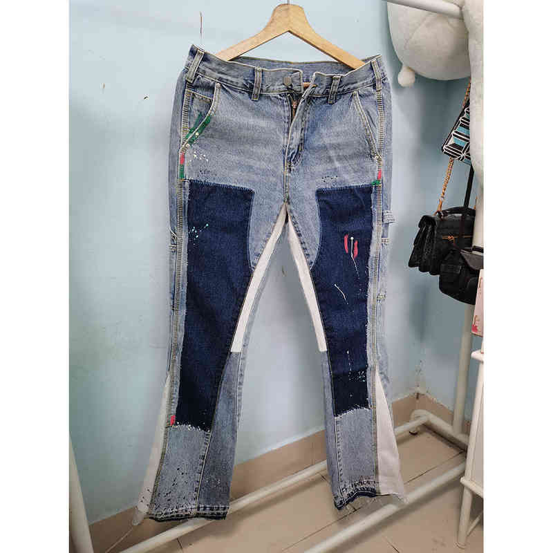 Distressed Splash Ink Flare Jeans Urban Streetwear Patch Mens Graffiti Flared Hip Hop Washed Blue Slim Fit Denim Pants Men 211220