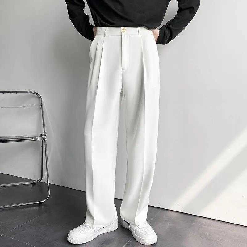 Straight Wide Leg Suit Pants Mens Autumn Casual Trousers Office Busiess Man Dress Pants Loose Korean Formal Elegant Solid White Y0811