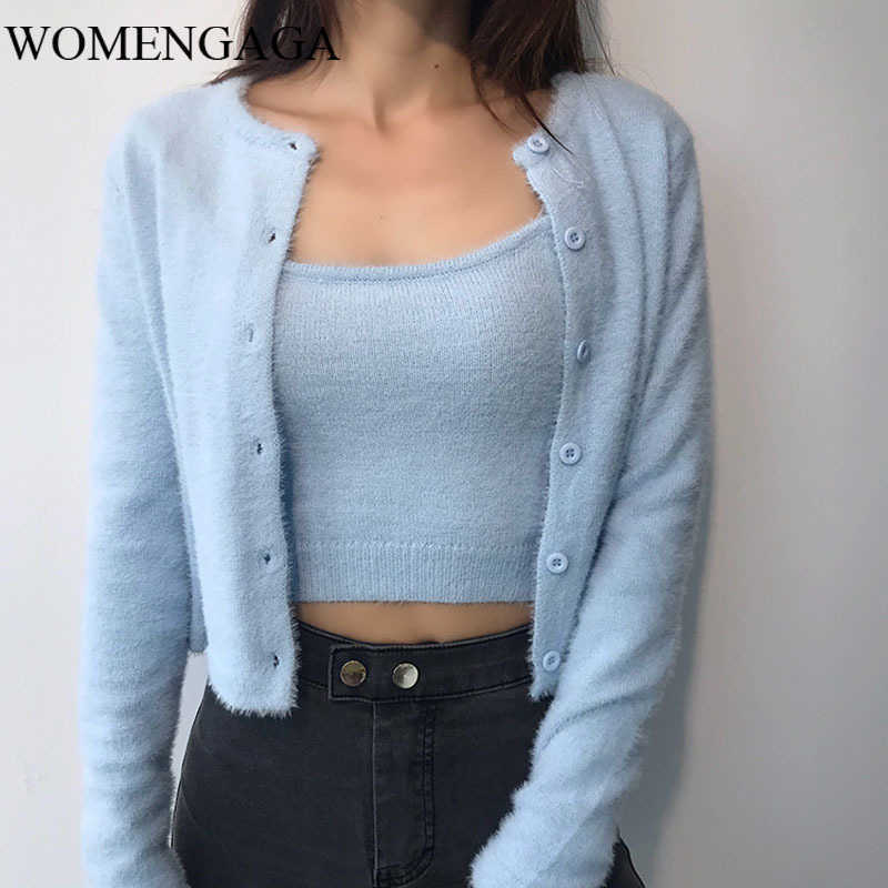 WOMENGAGA Autumn Winter French Fashion Mohair Two-piece Knitted Cardigan High Waist Short Tops Sweater For Women QAYK 210603