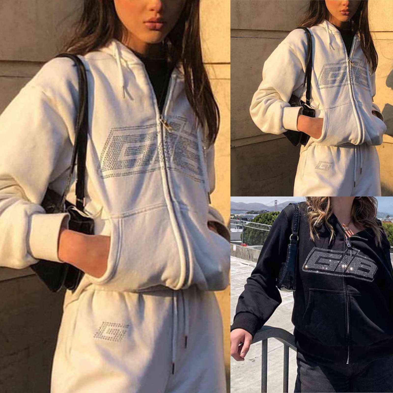 Harajuku Hoodies Women's Jacket Female Hooded Rhinestone Letter Print Long Sleeve Sweatshirt Oversized Hoodie Zipper Loose Coat Y1118