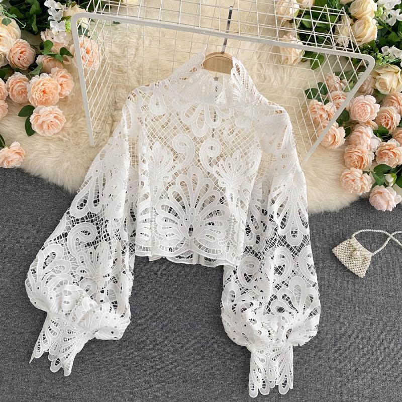 Spring Autumn Sexy Lace Shirt Hollow Out Lantern Long Sleeve Stand Collar Short Blouse Women Elegant Casual Loose Tops Blusas