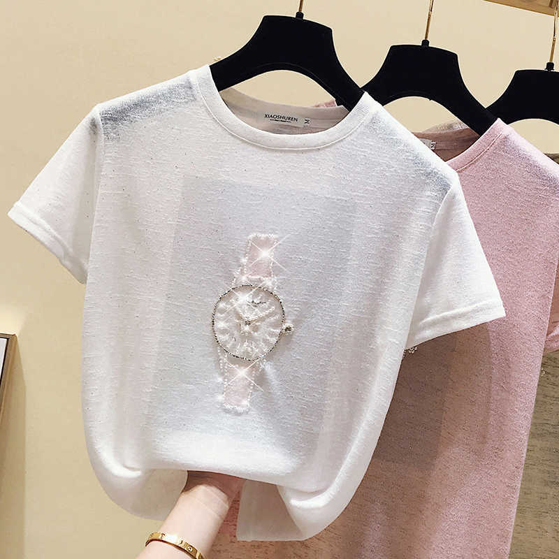 gkfnmt T Shirt Women 2021 Summer Tops Beading T-Shirt Female Short Sleeve Korean Fashion Tshirt Woman Clothes Tee Shirt Femme X0628