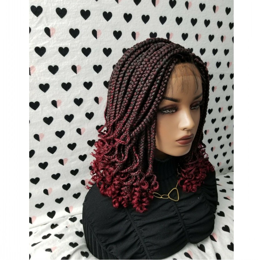 Handmade 14inch Box Braids Lace Front Wig With Curly Tips 1b/Burgundy Ombre Red Color Short Braiding Hair Synthetic Wigs for Black Women