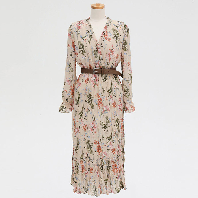 Flectit Vintage Women Floral Dress With Belt Long Sleeve V Neck Airy Chiffon Feminine Dress Fall Spring * 210309