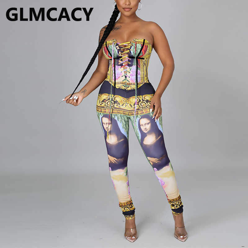 Two Piece Sexy Party Suits Lace Up Tube Top & Skinny Pants Set 210702