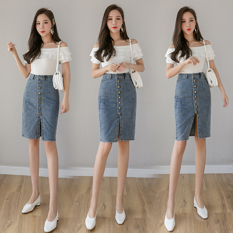 REALEFT Spring Autumn Denim Sheath Wrap Skirts SingleBreasted High Waist Pencil Midi Skirt Front Split Skirts Womens 210306
