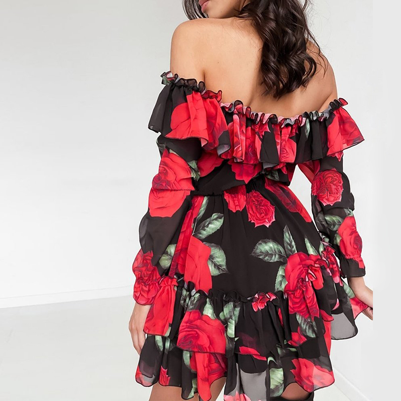 Women Off Shoulder Ruffles Flower Print Dress Spring Long Sleeve Elegant Party Dress Female Chiffon Beach Holiday Vestidos 210309