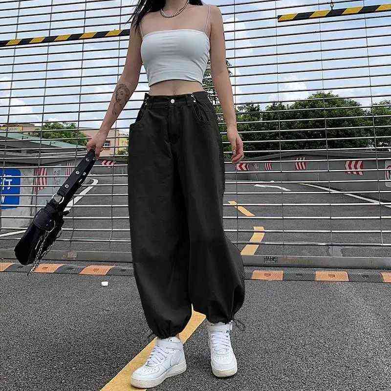 HOUZHOU Y2K Fashion Khaki Oversized Cargo Pants Hip Hop Style Loosed Adjustable Waist Drawstring Long Pant Streetwear 90s Autumn 211115