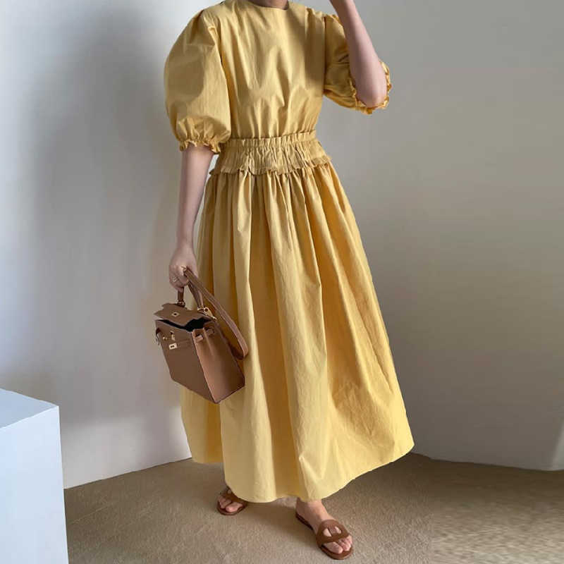 Korean Chic Summer Puff Sleeve Dresses Stretch High Waist A-line Vestidos Femme Causal O-neck Woman Dress 6H639 210603