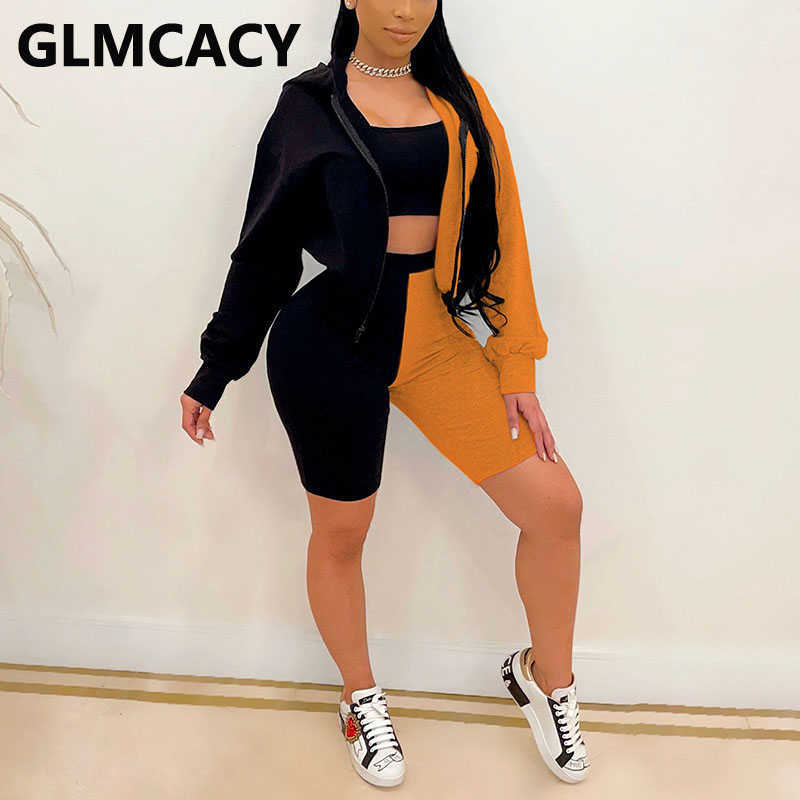 Three Pieces Sets Women Plus Size Long Sleeve Color Block Hoodies & Bodycon Shorts 210702