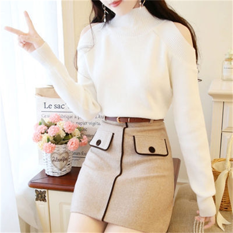 Knitted Sweater OffShoulder Pullover Long Sleeve Mock Neck Female Sexy Fashion Summer WHOLESALE 210525