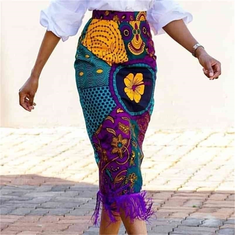 Women Summer Print Skirt Vintage Floral African Fashion High Waist Tassel Classy Modest Elegant Retro Jupes Falads Drop 210621