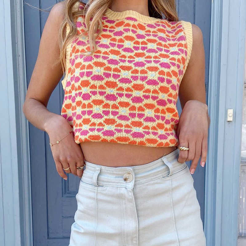 Rockmore Aesthetics Floral Knitted Crop Top Sweater Vest Sweet Sleeveless Tank Pullovers Harajuku 90s Vintage Knitwear 210915