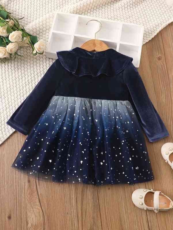Baby Ruffle Trim Star Mesh Hem Velvet Dress SHE