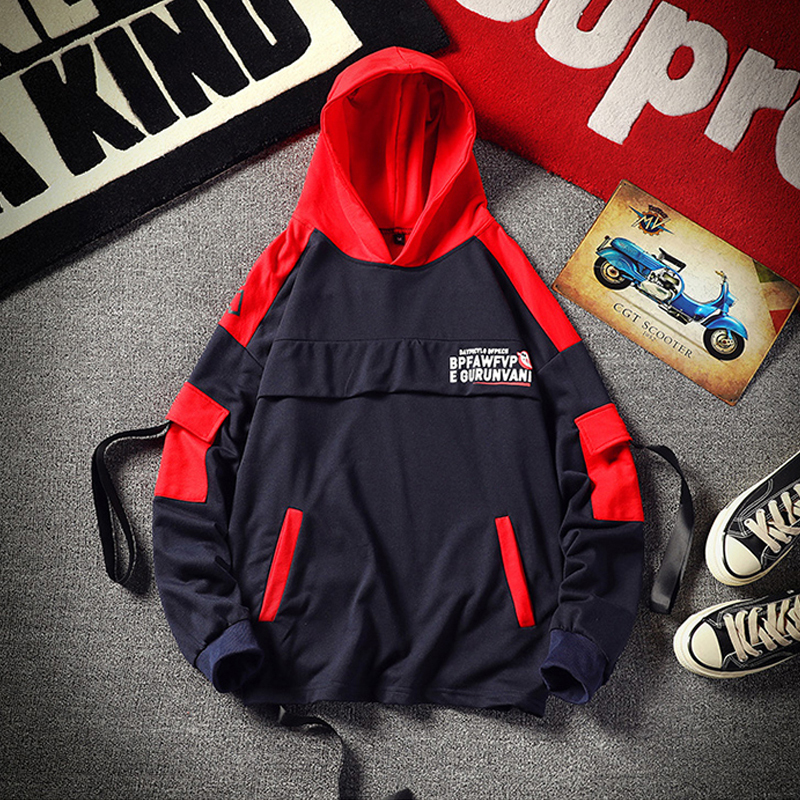 Printed Hoodie Men Streetwear High Street Hoodies with Pockets Mens Patchwork Hooded Sweatshirt Autumn Men Fashion Tops 201127