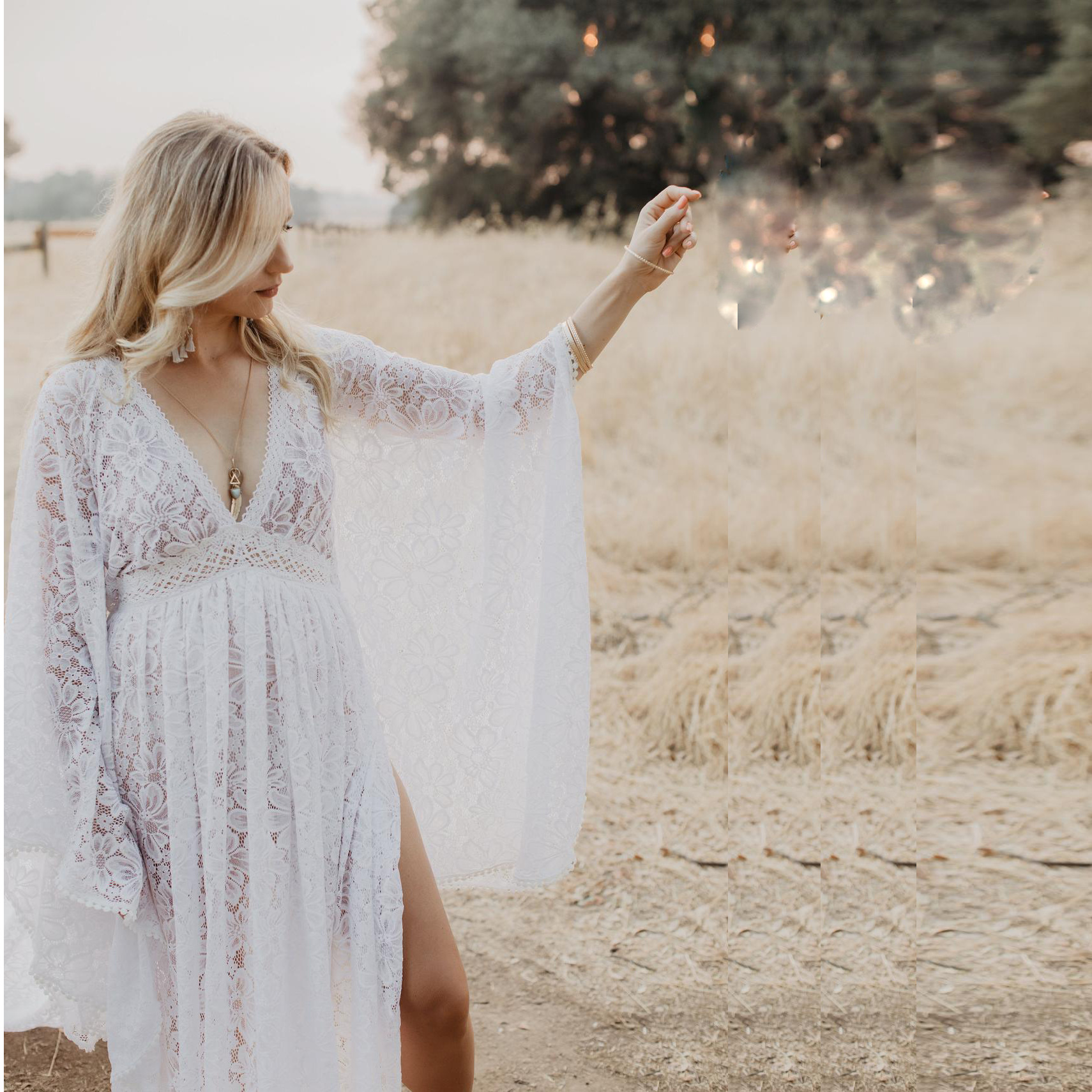 Sexy Summer Beach Lace Wedding Dress 2023 For Bride V-neck Slit Long Butterfly Sleeves Boho Bridal Gowns Custom Made Vestidos De Noiva