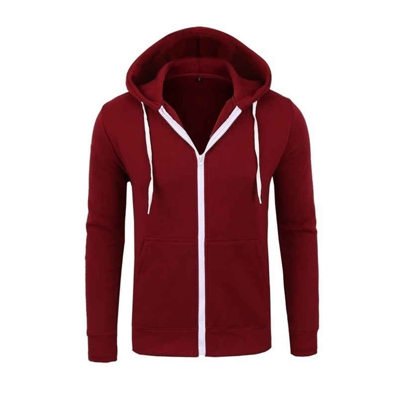 mens Casual Solid color zip Drawstring hoodie male slim Simple Hooded Sweatshirts Spring autumn Elastic cuffs Cardigan Top 201020