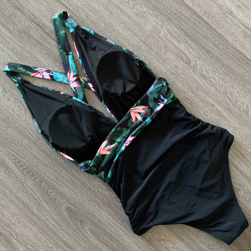 Sexy Swimsuit Female Floral Women Swimwear Push Up Bathing Suits Bodysuits Beach wear Deep V-neck Ruffle Monokini 210611
