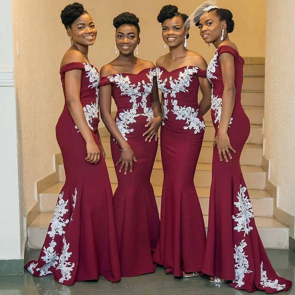 Mermaid Bury Bridesmaid Dresses Off The Shoulder Necke Appliqued Wedding Guest Dress Or Length Satin Country Maid Of Honor Gowns