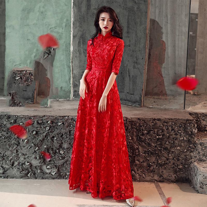 Ethnic Clothing Burgundy Lace Oriental Style Dresses Chinese Bride Vintage Traditional Wedding Cheongsam Dress Long Qipao Plus Size 3XL