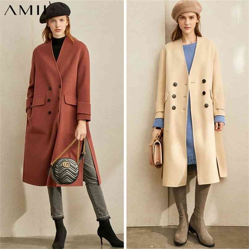 Vintage Double Woolen Coat Autumn Winter Women V-neck breasted Solid Loose Female Mid Long Jackets 11940487 210527