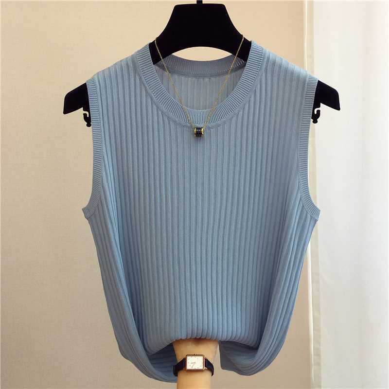 Ice Silk Knitted Vests Women Top O-neck Solid Tank Summer Fashion Female Sleeveless Casual Thin Tops White Black Tops 13687 210528wtt