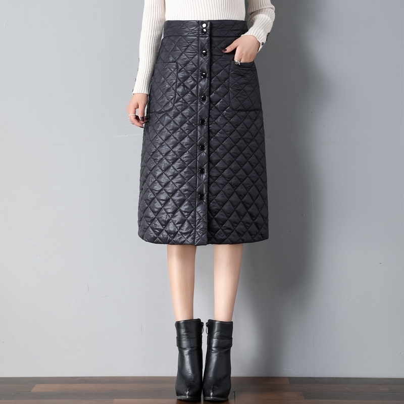 Winter Arrival Womens Rhombus Down Skirt ALine High Waist Buttons Thick And Warm KneeLength Skirt Office Lady B99610K 210306