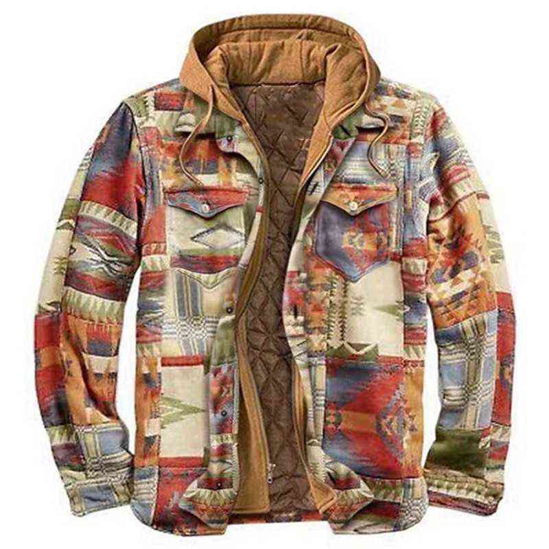 Vintage Plaid Printed Patchwork Coat Men Winter Long Sleeve Warm Thicken Outerwear Mens Zipper-up Jacket Fashion Streetwear 211206