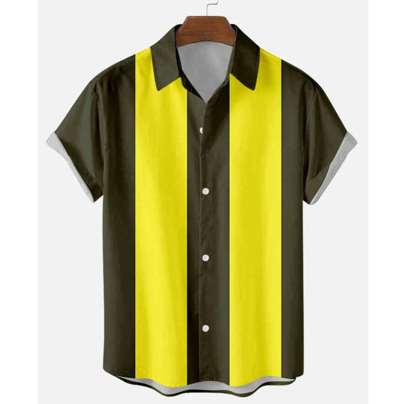 Men's 50s Shirt Vertical Striped Shirts for Men Button Up Short Sleeve Blouse Plus Size S-6XL Mens Bowling Dress 210809