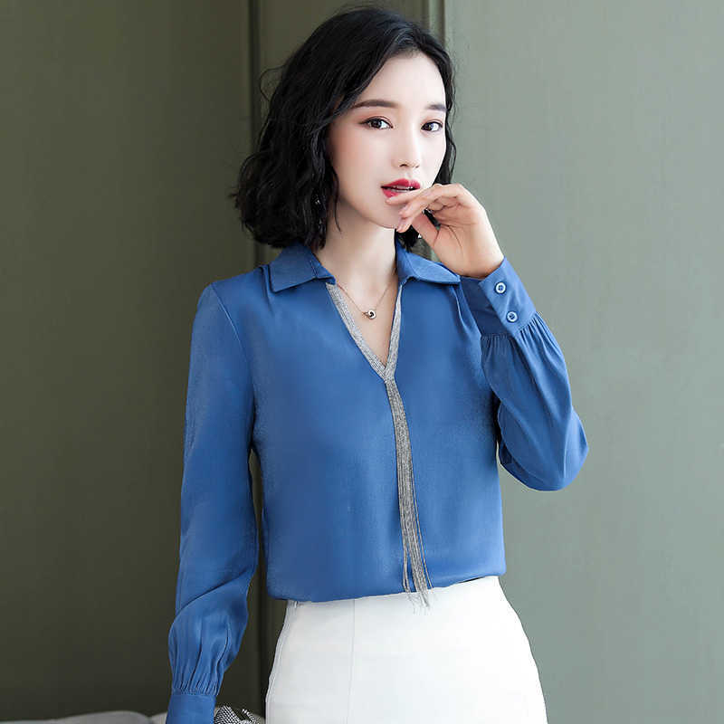 Korean Chiffon Women Shirts Long Sleeve Blouses Elegant OL V-neck Plus Size Blusas Mujer De Moda 210531