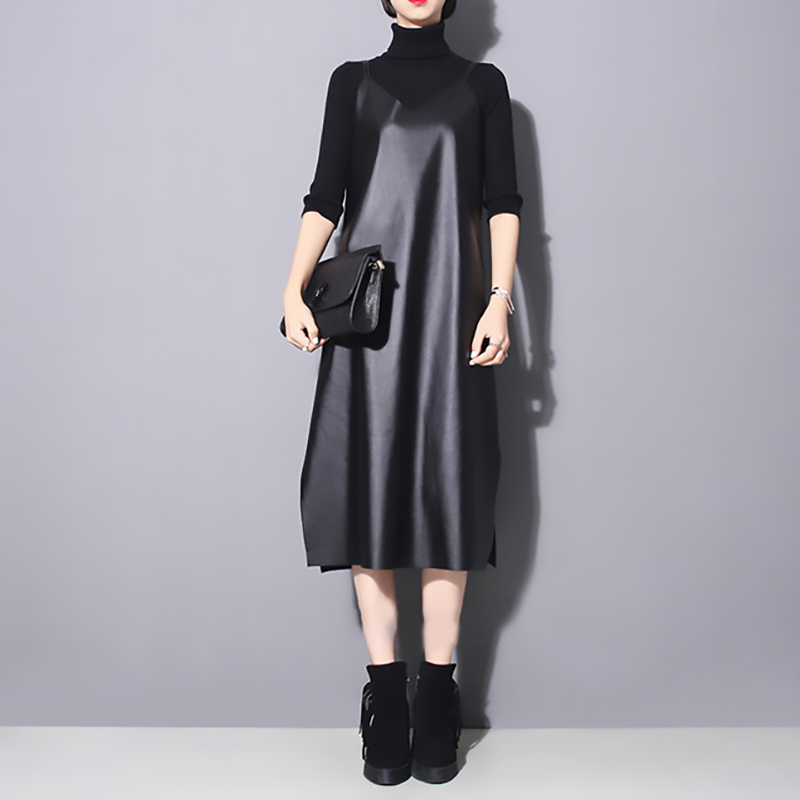 EAM Spring Summer Strapless Sleeveless Black Pu Leather Loose Brief Dres Fashion Allmatch JO287 210309