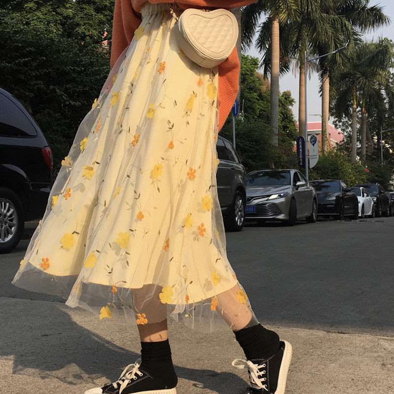 Yellow 3D Flower Lace Skrit Women High Waist Mesh Long Skrit Female elegant Midi tulle skirt Sweet Cute Student School Wear saia 210309