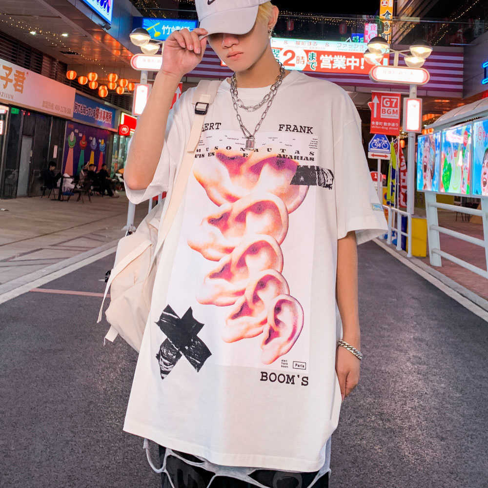 Men's T-shirt Creative Ears Printing Summer Short Sleeve Hip Hop Oversize Cotton Casual Harajuku Streetwear Tops Tee T-shirts 210601