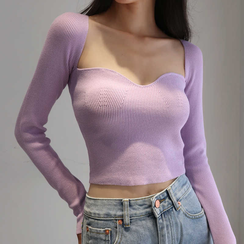 Autumn Knitted Sweaters Women Low-Cut V-Neck Cropped Sexy Bottoming Slim Fit Pullovers Solid Knitwear Female Jumper 211007