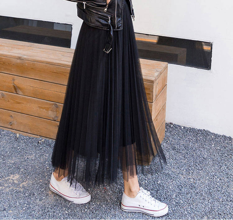 Zoki Women Tulle Skirt Elastic High Waist Mesh Spring Summer Fashion Long Skirt A Line Black Girl Korean Pleated Faldas 210306