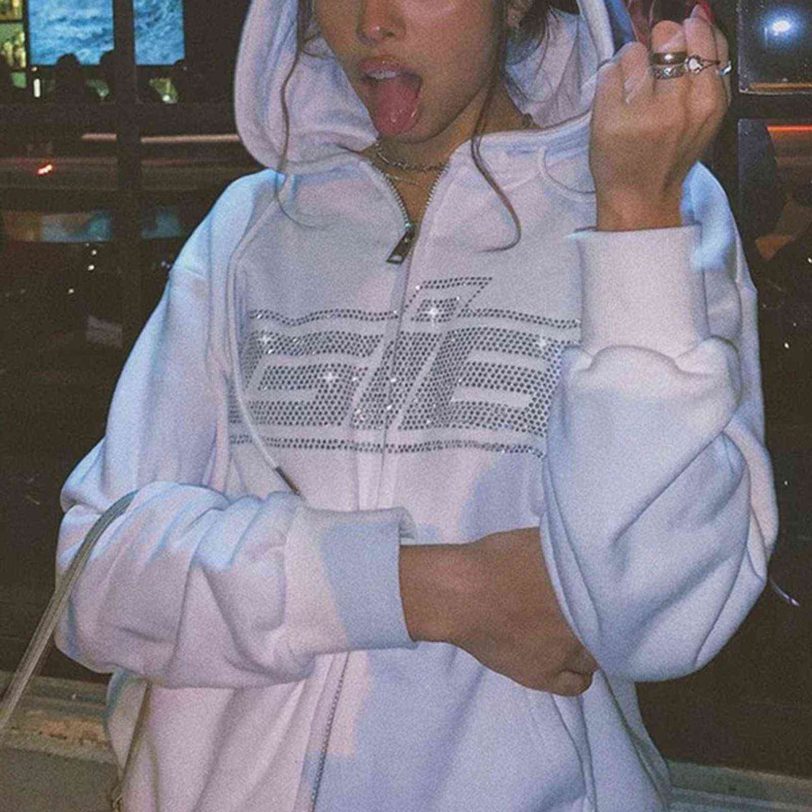 Harajuku Hoodies Women's Jacket Female Hooded Rhinestone Letter Print Long Sleeve Sweatshirt Oversized Hoodie Zipper Loose Coat Y1118