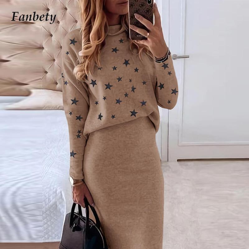Autumn Skirts Women Set Office Lady Fashion Stars Print Sweatshirt Pullover and Bodycon Skirt Outfits Winter Vintage 2pcs Suits